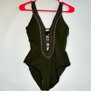 BECCA Rebecca Virtue Army Green One Piece Size Small NWT Colorful Stitching